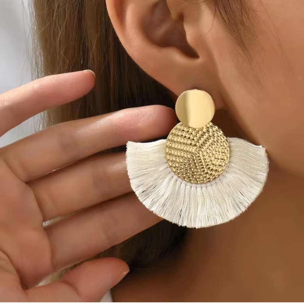 Elegant Gold and Cream Tassel Earrings